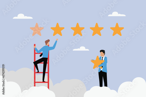 Review or rating. Business team stands on ladder and gives 5 star 2D flat vector concept for banner, website, illustration, landing page, flyer, etc