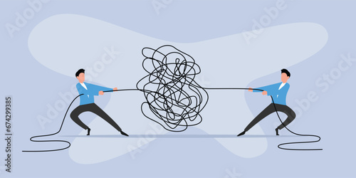 Business people pulling at tangled rope in opposite directions 2D flat vector concept for banner, website, illustration, landing page, flyer, etc