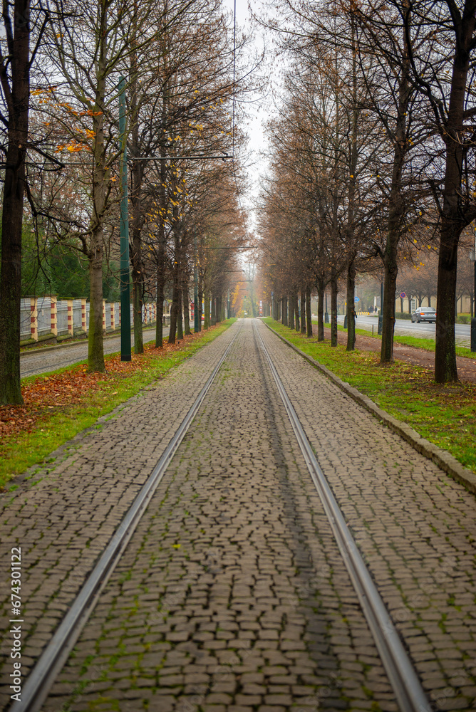 tram tracks stretching into the distance in Prague