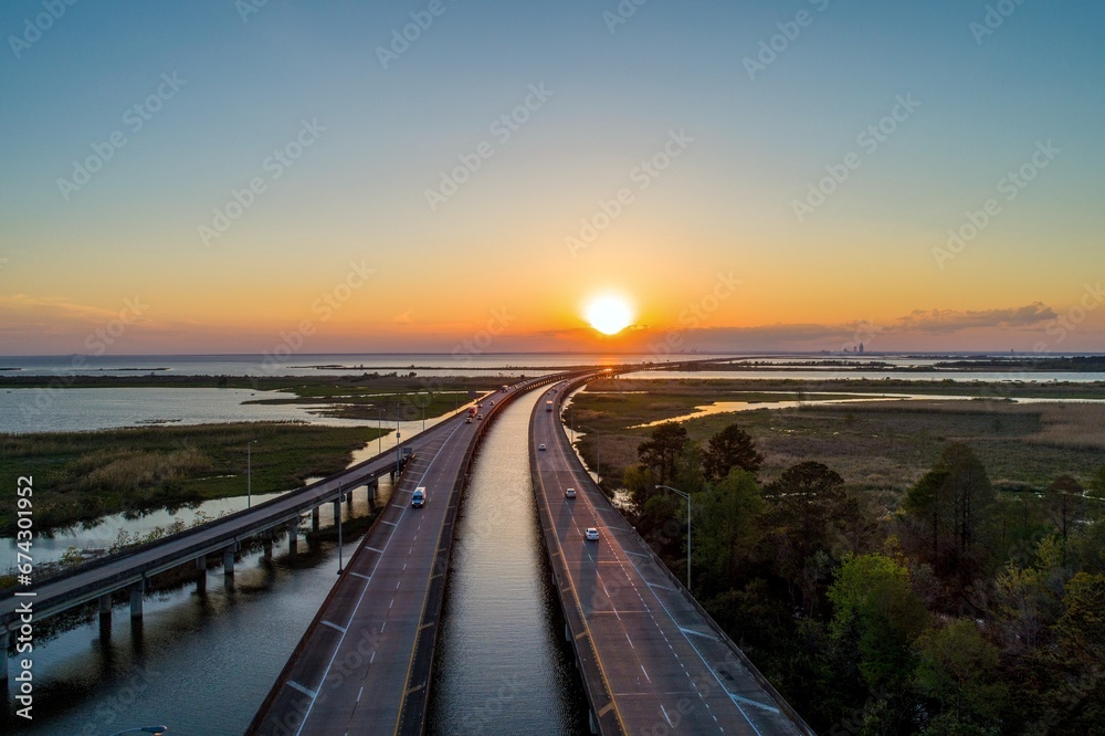 Aerial view of Mobile Bay at sunset