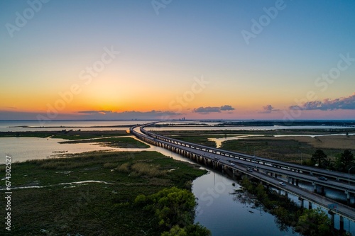 Aerial view of Mobile Bay at sunset