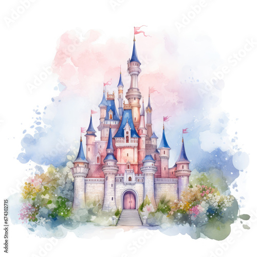 Cute watercolor princess castle Illustration, Generative Ai