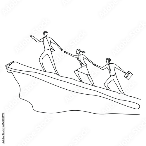 Continuous single line sketch drawing group of people man woman helping each other hike up a mountain. One line art business, success, leadership, achievement and goal 