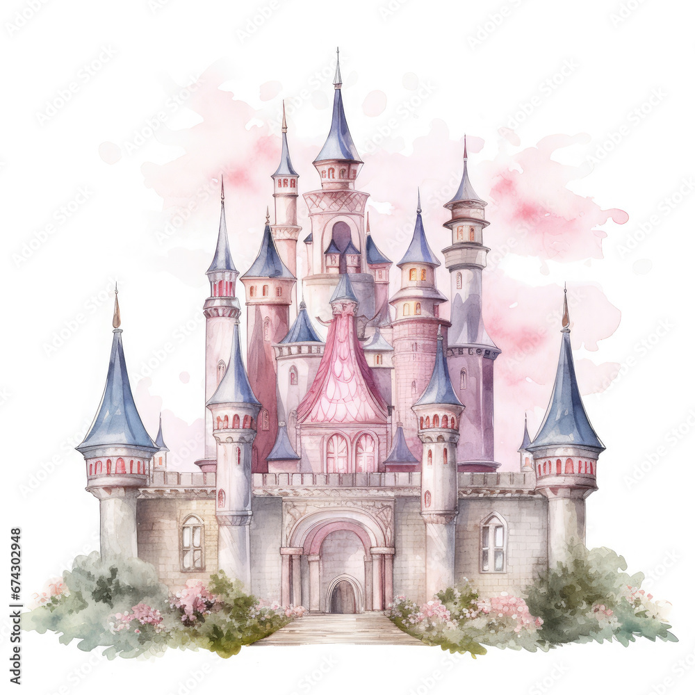Fototapeta premium Cute watercolor princess castle Illustration, Generative Ai