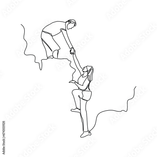 Continuous single line sketch drawing group of people man woman helping each other hike up a mountain. One line art business, success, leadership, achievement and goal 