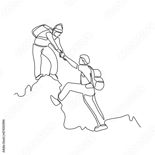 Continuous single line sketch drawing group of people man woman helping each other hike up a mountain. One line art business, success, leadership, achievement and goal 