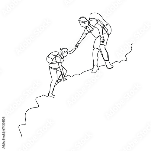 Continuous single line sketch drawing group of people man woman helping each other hike up a mountain. One line art business, success, leadership, achievement and goal 