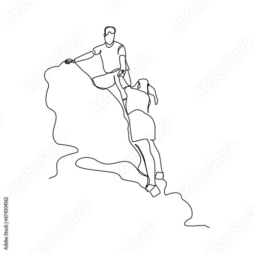 Continuous single line sketch drawing group of people man woman helping each other hike up a mountain. One line art business, success, leadership, achievement and goal 