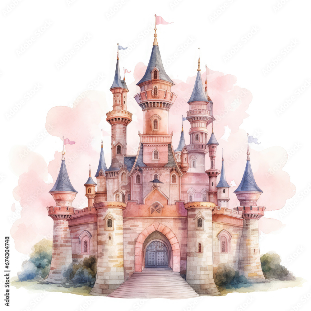 Cute watercolor princess castle Illustration, Generative Ai