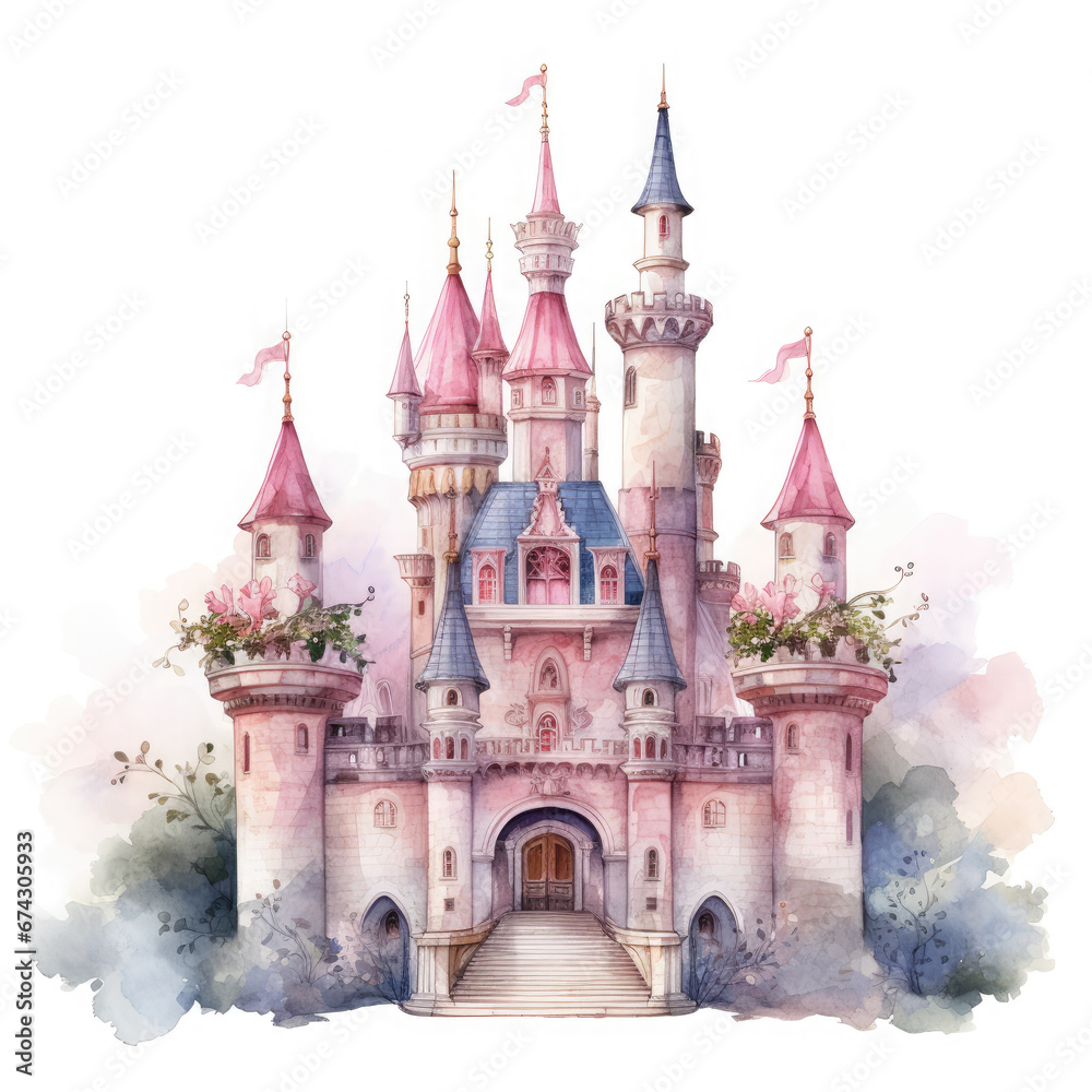 Cute watercolor princess castle Illustration, Generative Ai Cute watercolor princess castle Illustration, Generative Ai