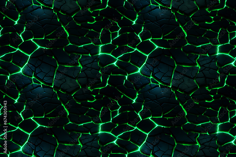 dark cracked rocks emitting neon green light in the cracks. Seamless repeatable background.