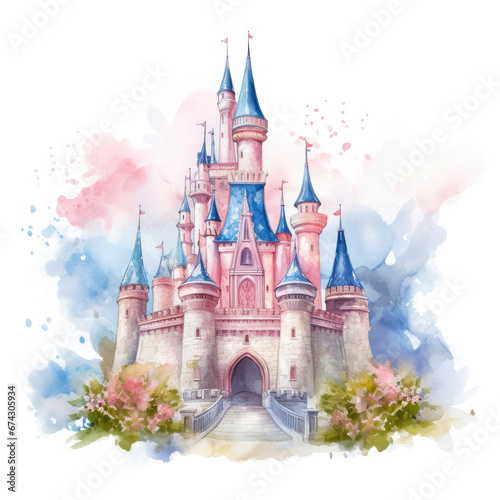 Cute watercolor princess castle Illustration, Generative Ai