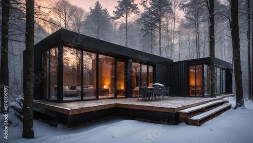A contemporary dwelling constructed using shipping containers, metal, wood, and glass, emerges gracefully amidst the dense woodland during winter.  photo