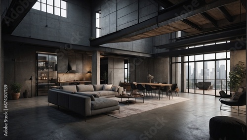 An elegantly raw industrial loft apartment with exposed concrete walls and metal beams  exuding a minimalistic aesthetic in its seamlessly blending dark colors