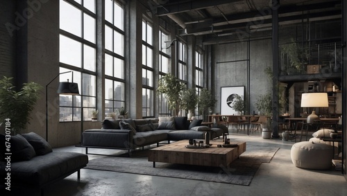 An elegantly raw industrial loft apartment with exposed concrete walls and metal beams  exuding a minimalistic aesthetic in its seamlessly blending dark colors. Generative AI 