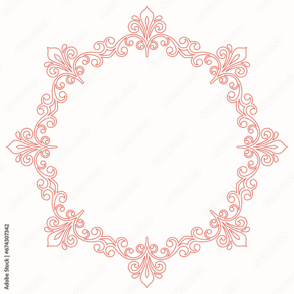 Oriental vector round pink frame with arabesques and floral elements. Floral border with vintage pattern