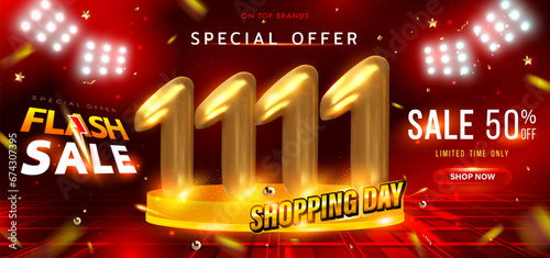 11.11 Shopping Day Flash Sale Design. 11.11 Crazy sales online. 3D Eleven Number on Podium and Falling Confetti on Red Background. Mega sale. Special Offer Sale 50% Off campaign or promotion. Vector.