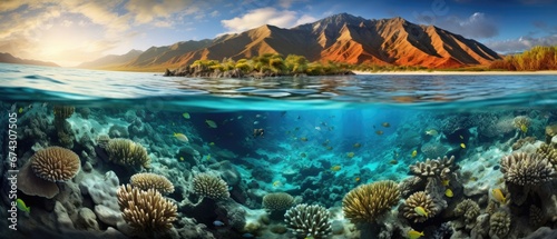 An underwater view of a coral reef with a mountain in the background. Generative AI. © Natalia