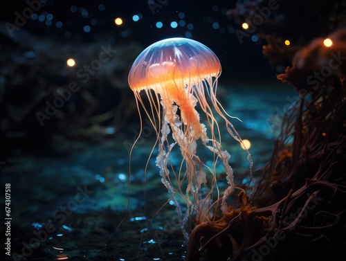 A glow jellyfish floating in the water at night. Generative AI.