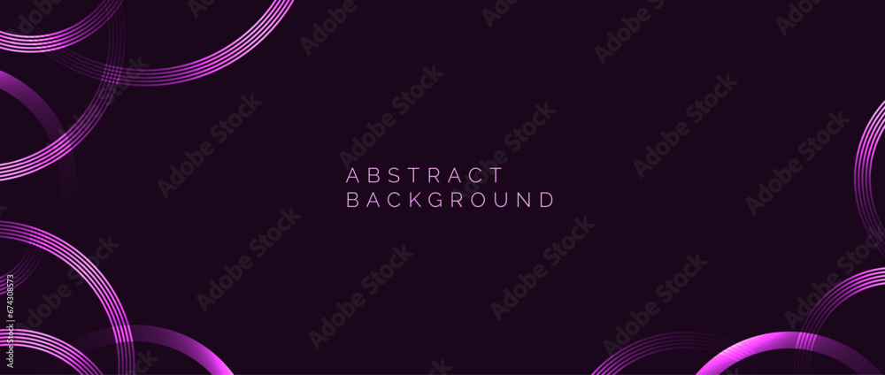 Glowing purple circles background. Abstract neon round pattern design. Dark scarlet geometric curved lines for cover, poster, banner, brochure, flyer, booklet, presentation, card. Vector wallpaper - obrazy, fototapety, plakaty 