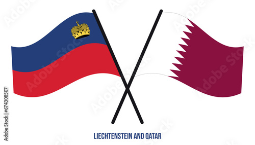 Liechtenstein and Qatar Flags Crossed And Waving Flat Style. Official Proportion. Correct Colors.