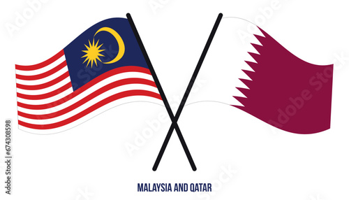 Malaysia and Qatar Flags Crossed And Waving Flat Style. Official Proportion. Correct Colors.