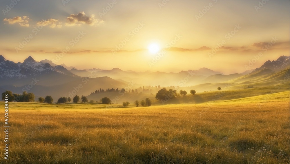 Obraz premium Tranquil Sunrise over Misty Meadow and Mountain Landscape