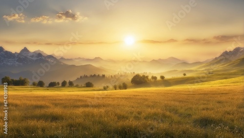 Tranquil Sunrise over Misty Meadow and Mountain Landscape 