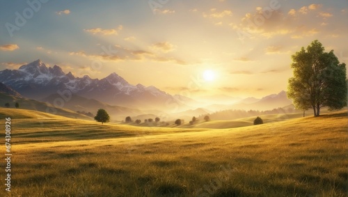 Tranquil Sunrise over Misty Meadow and Mountain Landscape 