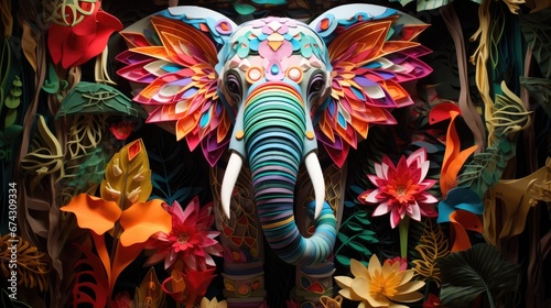 A colorful paper elephant statue surrounded by flowers and leaves. Generative AI. photo