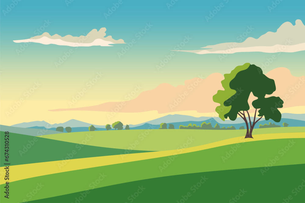 Illustration of beautiful summer fields landscape with a dawn, green hills and blue sky. Countryside background in flat cartoon style banner. Illustration of beautiful summer fields landscape with a dawn, green hills and blue sky. Countryside background in flat cartoon style banner.