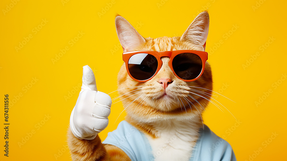 Cat wearing sunglasses and giving thumb up - obrazy, fototapety, plakaty 