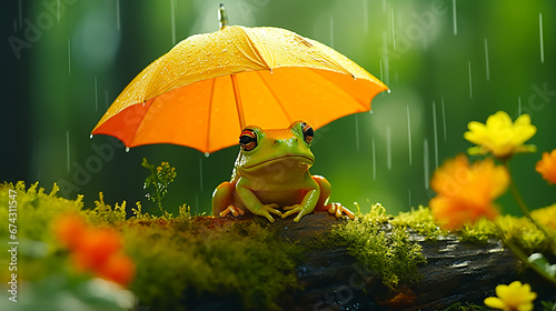 Frog pointing umbrella in rainy forest
