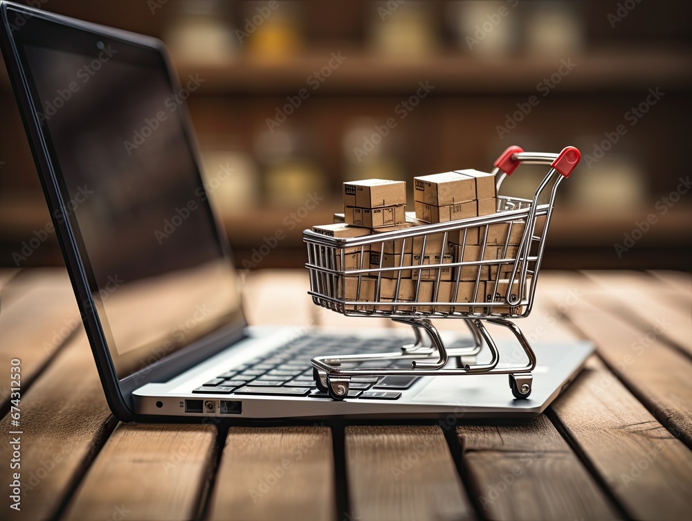 A small cart from the supermarket is on the laptop keyboard. Generated by AI. A small cart from the supermarket is on the laptop keyboard. Generated by AI.