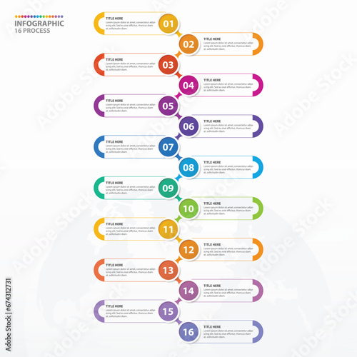 Infographic process design with icons and 16 options or steps.