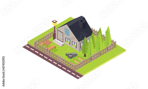 isometric house and garden.on white background.isometric design. 3D design elements for construction of urban and village landscapes.