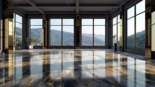 interior of empty modern apartment building with marble floors and view of the mountains , for presentation display 
