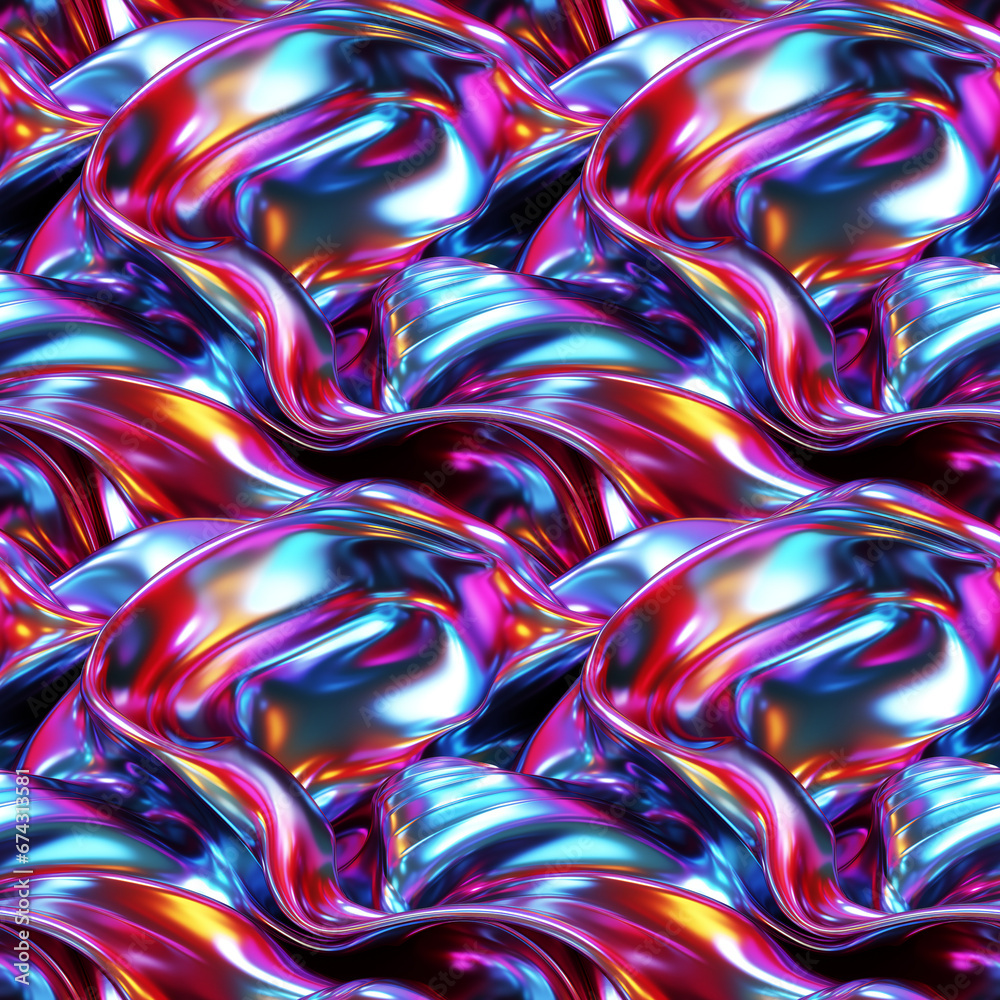 Vibrant Chrome Liquid Metal Waves. Seamless Repeatable Background.