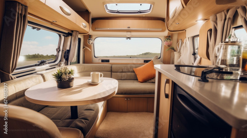 Cosy Interior of motor home camping car, furnishing decor of salon area, comfortable modern caravan house. © tong2530