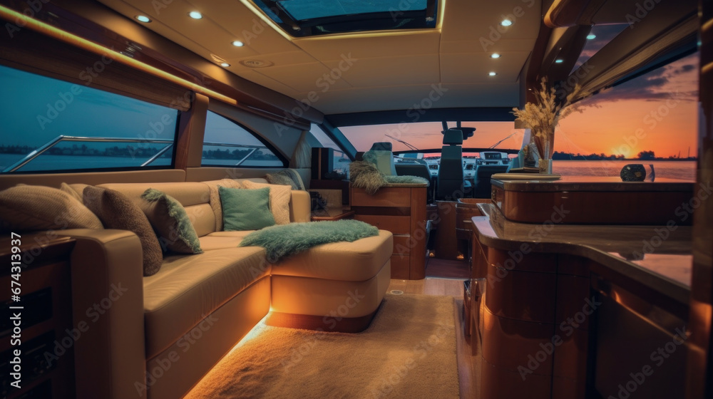 Interior of luxury motor yacht, furnishing decor of the salon area in a rich modern large sea boat design. Relaxation areas for water travel.