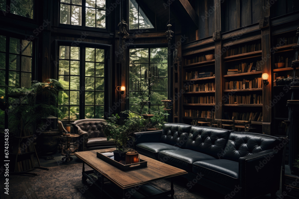 interior of a cozy study library home office with bookshelves,  leather couches and plants
