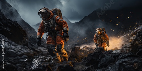 Astronauts in futuristic space suits are exploring the surface of Mars in order to live on Mars in the future by Generative AI