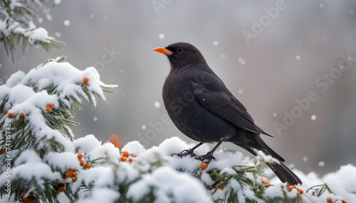 Blackbird on bush with snow in winter photo