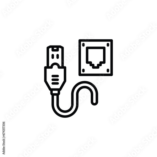 Ethernet cable and port, LAN wire cable computer outline icon. Vector illustration. The isolated icon suits the web, infographics, interfaces, and apps.