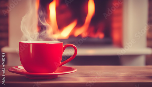 Red cup of tea or coffee near fireplace on wooden table.