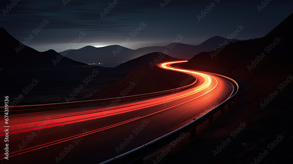 Car brake taillights light trail blur winding around a curvy mountain road - obrazy, fototapety, plakaty 