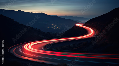 Car brake taillights light trail blur winding around a curvy mountain road photo