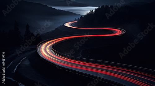 Car brake taillights light trail blur winding around a curvy mountain road