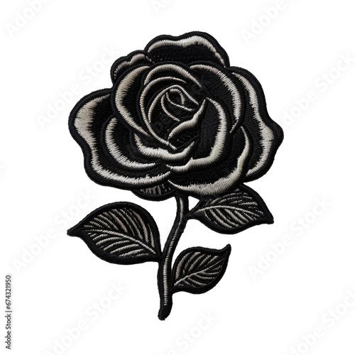 Black rose embroidery patch isolated on transparent background. Cute decoration for clothes and accessories