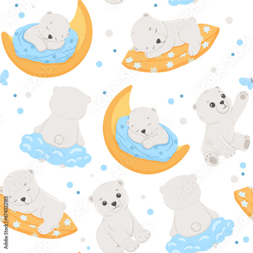 Seamless pattern with cute baby bear sleeping on moon and pillow. Vector cartoon hand drawn childish pattern for kids or newborn. Funny little animal on white background